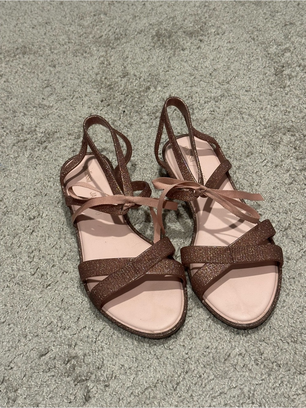 Melissa Brown Glitter Tie-Ankle Sandals with Pink Insole